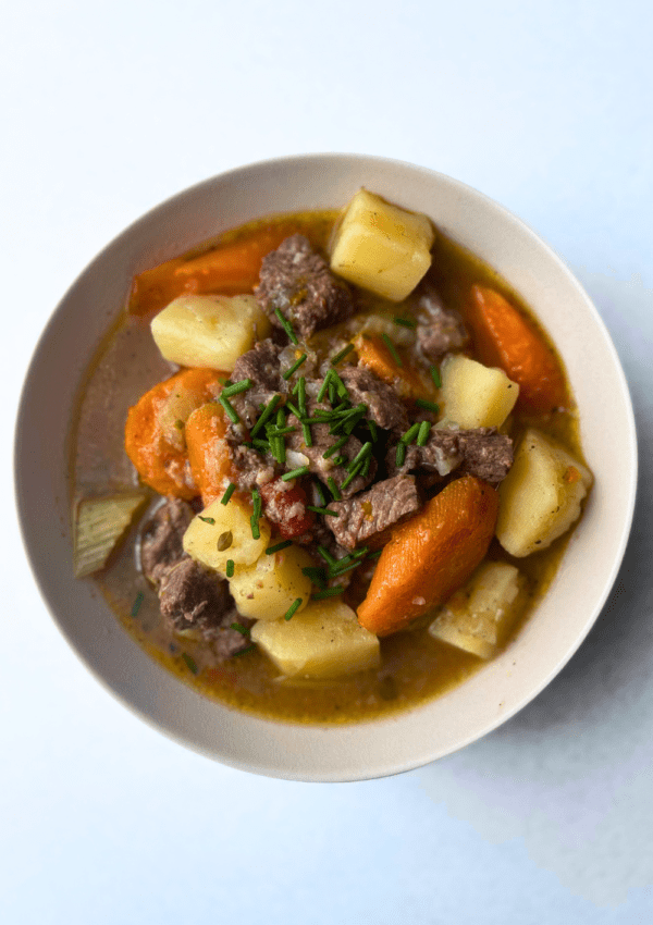 vegetable beef stew in a bowl